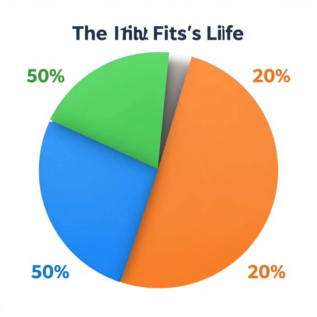 Pie chart divided into three colorful sections: 50% blue for needs, 30% green for wants, 20% orange for savings, on a clean white background with simple flat design, vibrant colors, and high contrast, no text labels.
