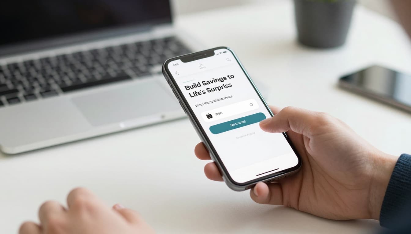 Smartphone screen displaying a digital bank app showing auto-transfer to savings account, held by one hand resting on a desk in a modern office setting with soft lighting and realistic style.
