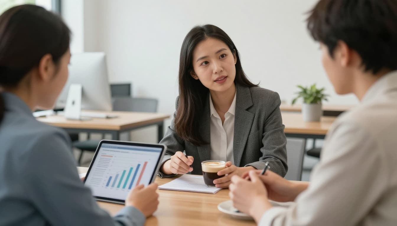 A business advisor consults attentively with a small business owner over coffee in a modern office, discussing charts on a tablet in a professional, friendly atmosphere with soft lighting.