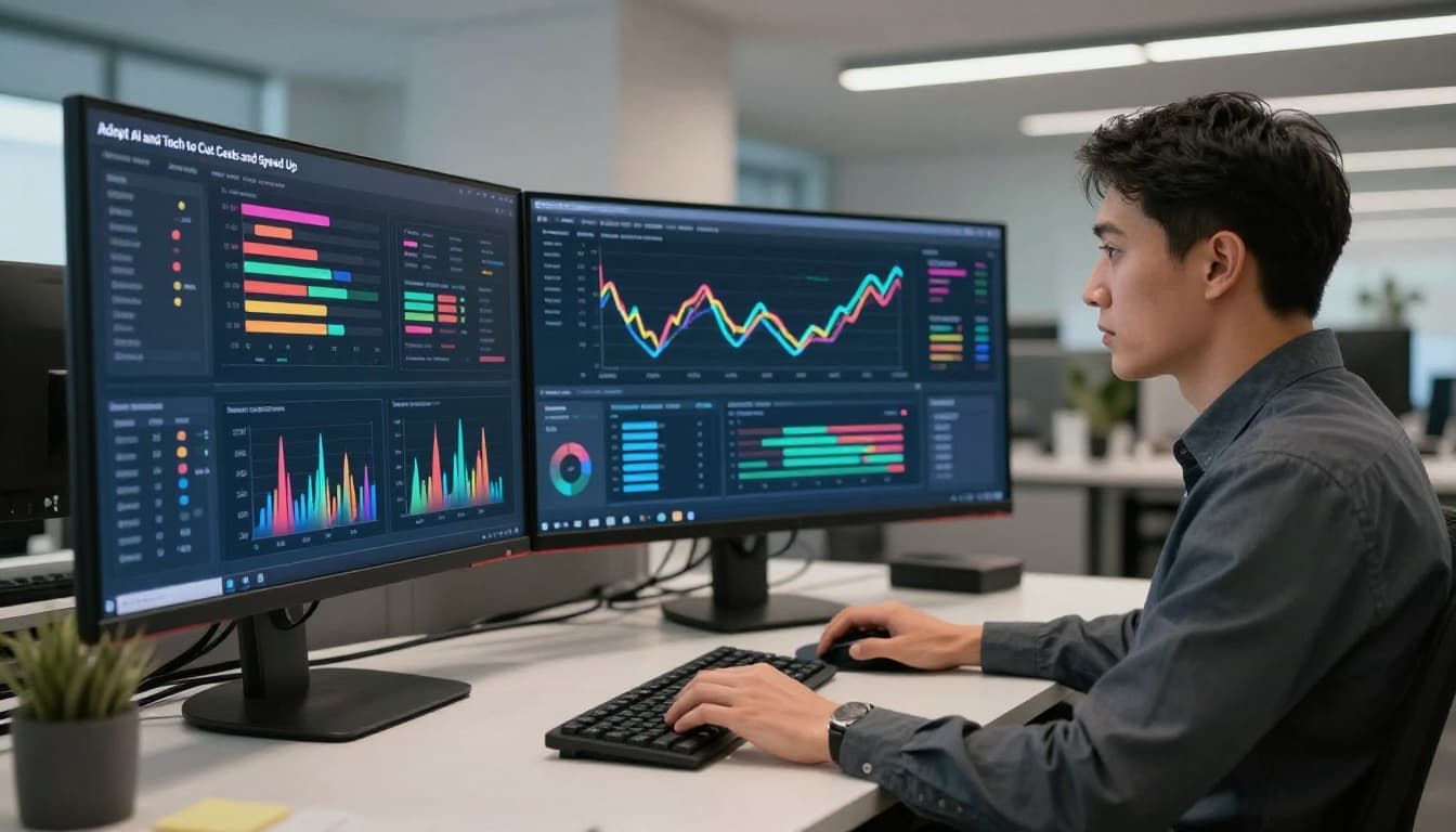 A solo business analyst sits thoughtfully at a contemporary office desk equipped with two large curved monitors displaying colorful abstract analytics graphs and prediction charts for demand forecasting. The hyper-realistic scene features soft overhead lighting, hands resting on the desk, and no readable text or clutter visible on the screens.