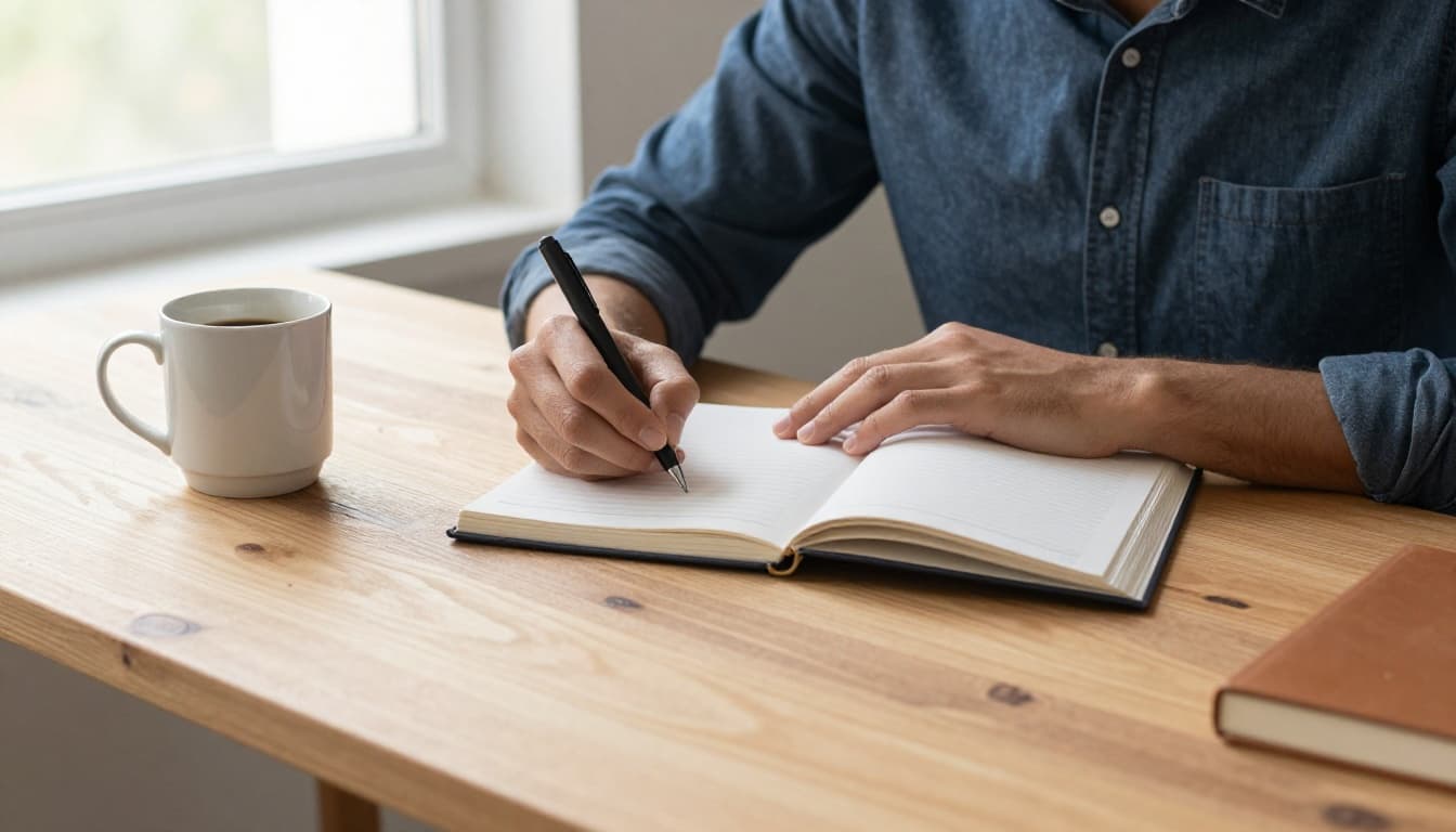 A focused business owner writes in a journal at a wooden desk, bathed in soft morning light from the window, with a coffee mug nearby in a clean office setup.