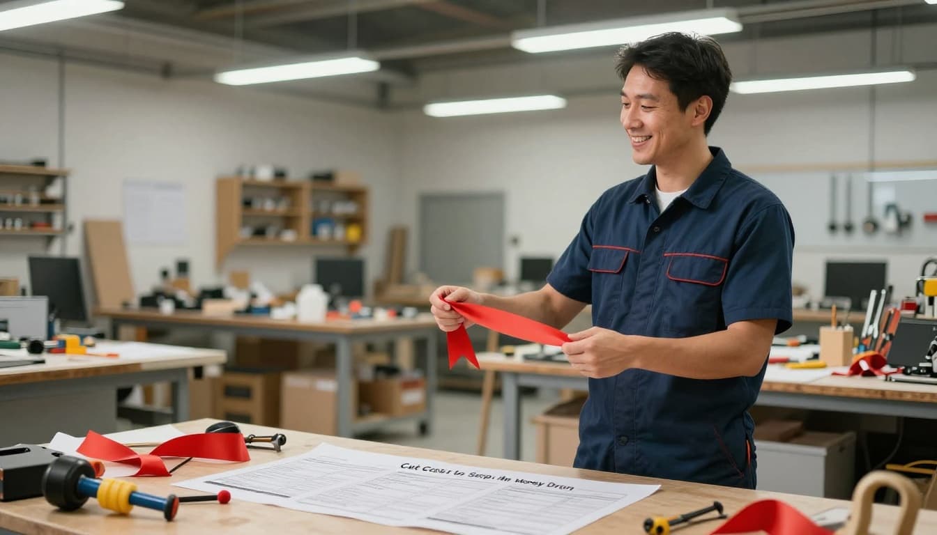 Business owner cutting a red ribbon symbolically representing trimming costs, standing in workshop with tools and invoices nearby, confident smile under bright industrial lighting.
