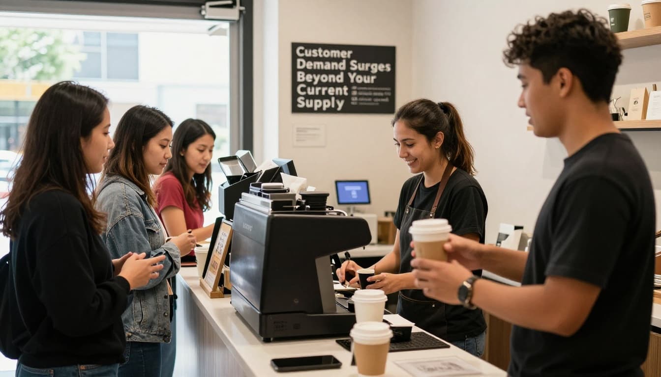 Busy retail store counter with customers lining up, barista handing coffee to smiling repeat customer, online order pickup area in background, vibrant cafe setting with afternoon light. Realistic photo focusing on demand surge with exactly four people: two customers, one staff, one in line.