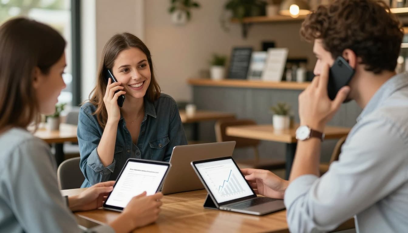 An entrepreneur at a cozy cafe table happily interacts with a customer, showing growth charts on a phone and tablet during afternoon light. Relaxed hands on blank screens, engaged expressions, realistic photography with exactly two people.