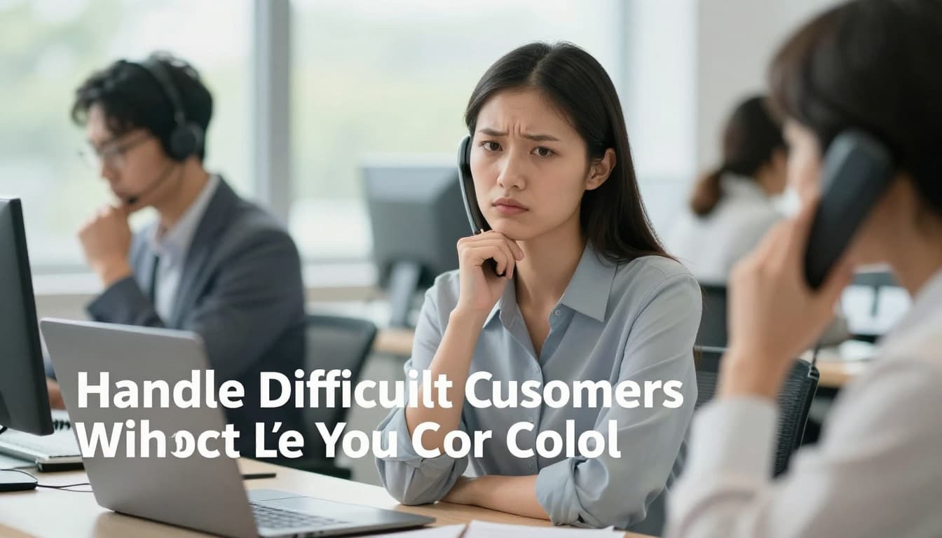 A composed support agent manages an angry customer phone call with a thoughtful hand-on-chin posture in a modern call center bathed in soft natural light, emphasizing calm de-escalation.