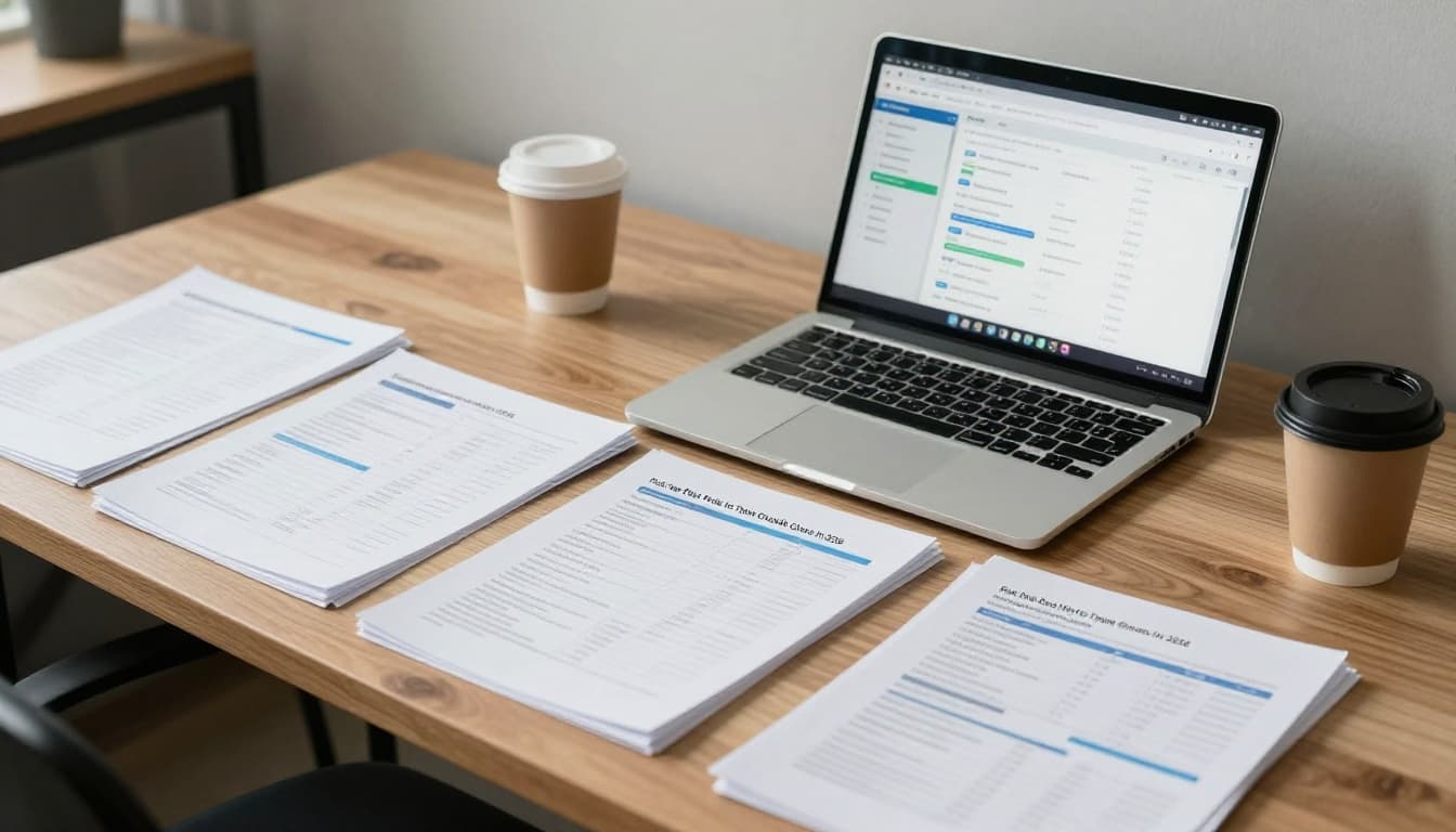 A clean modern office desk with organized files, a single laptop displaying simple dashboard charts, and a coffee mug nearby, lit by natural daylight in a realistic wide-angle style with no people, clutter, or text.
