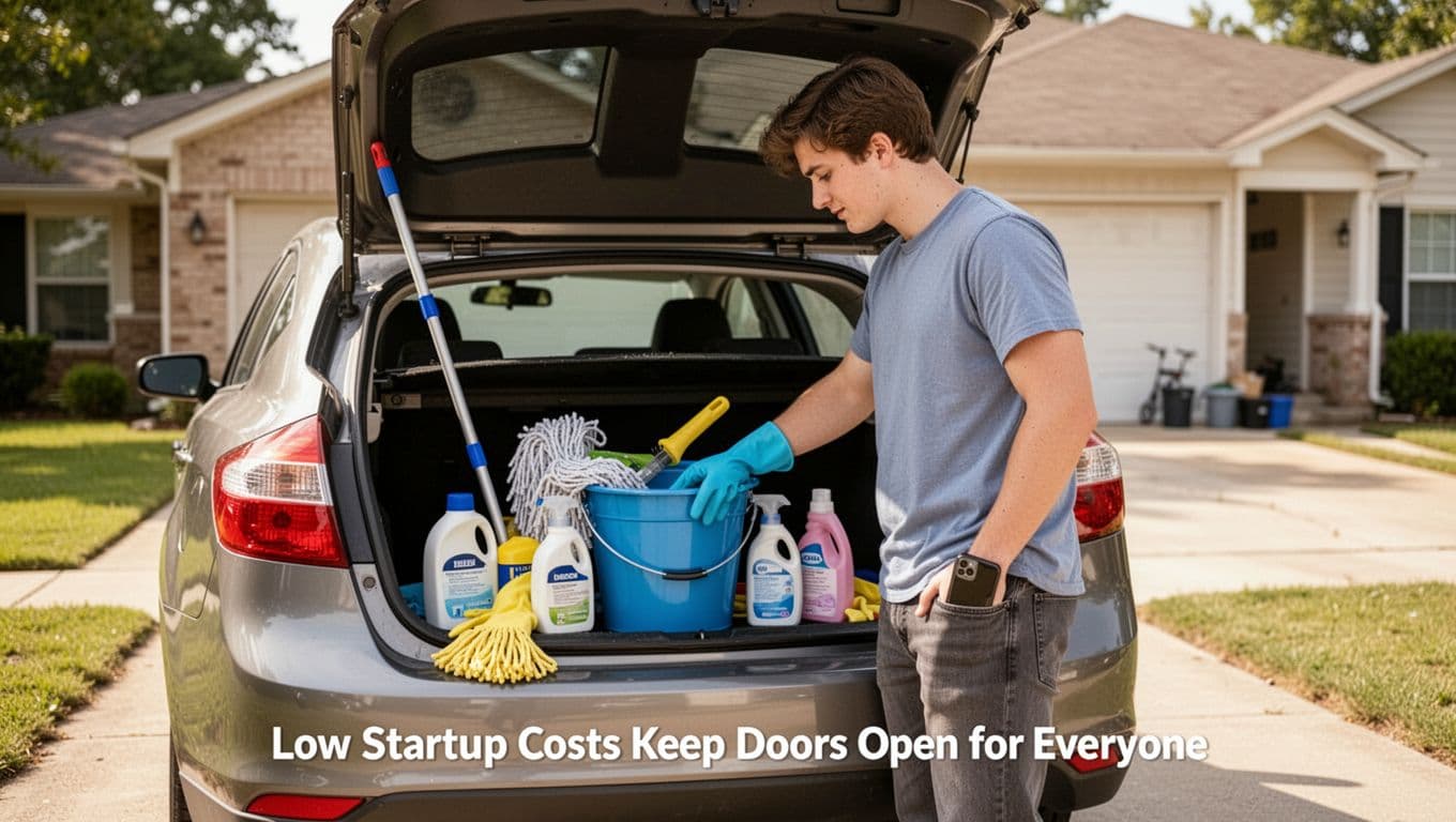 A young adult loads basic cleaning supplies like a bucket, mop, gloves, and shampoo into the trunk of a personal car parked in a suburban driveway, with a smartphone visible in pocket, in bright natural daylight.