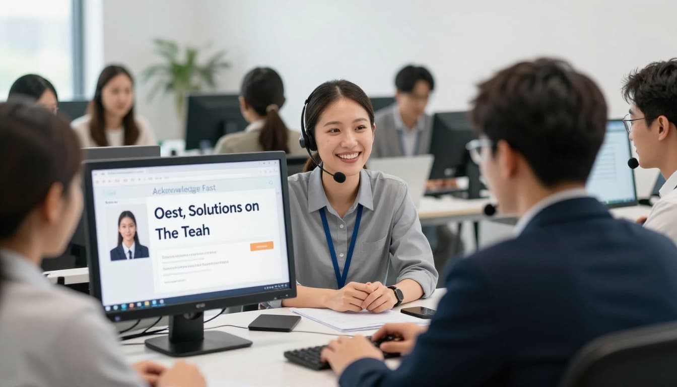 A customer service representative in an office setting provides a quick solution to a customer via chat on a computer screen, featuring positive expressions and natural lighting.
