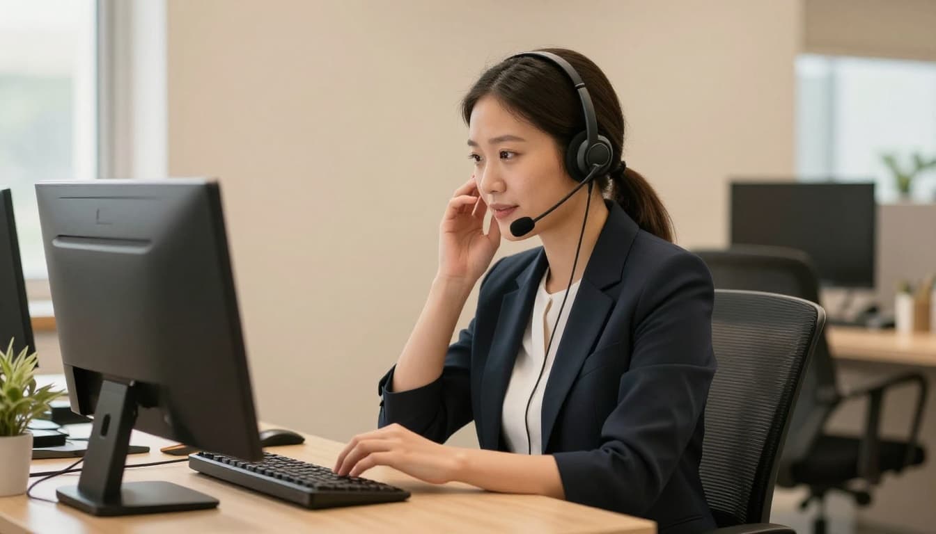 A customer service representative in a modern office sits at a desk with a headset on, nodding empathetically while listening to a customer on a call, with warm lighting and realistic style.