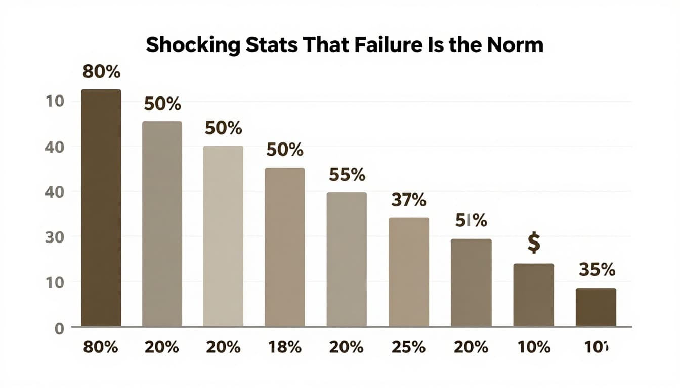Clean modern infographic-style bar chart visualizing business survival rates dropping over 10 years, with icons of a failing restaurant, crashing tech startup, and cash flow symbols in neutral colors and soft lighting.