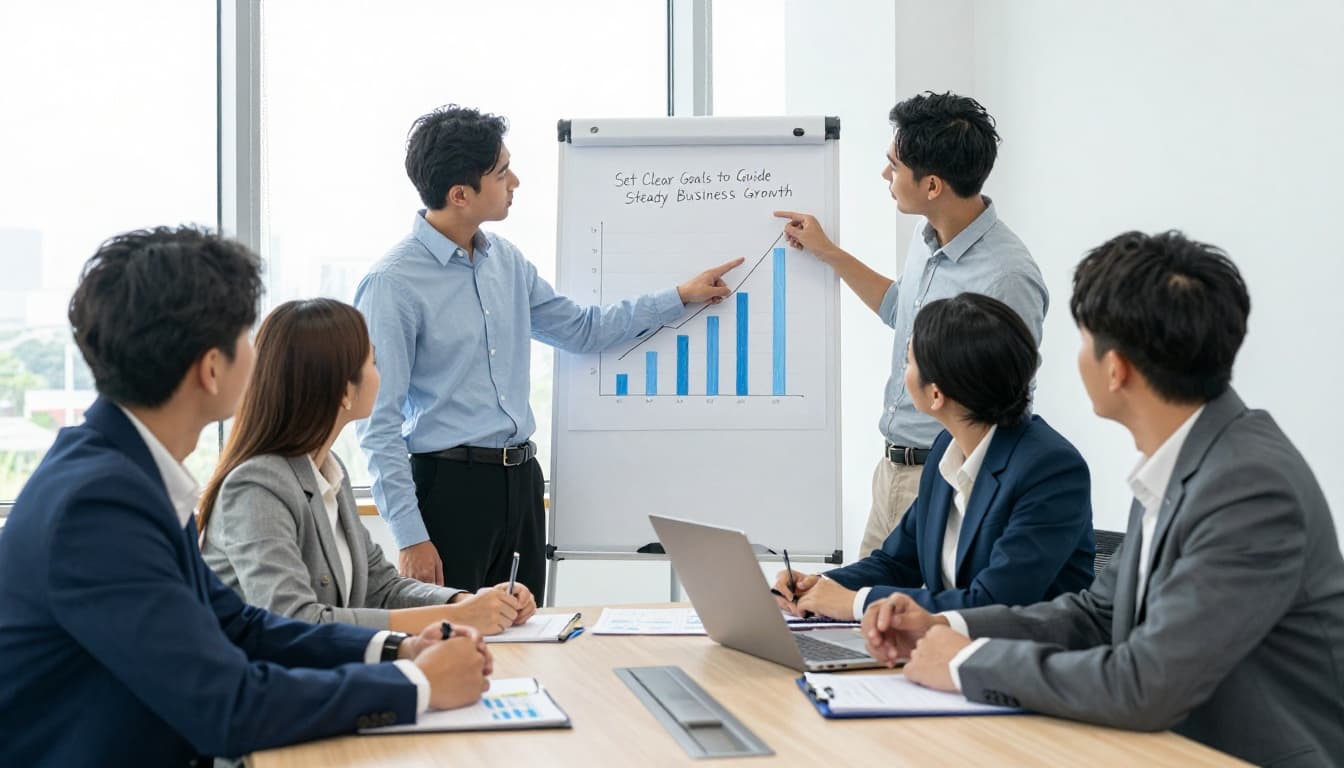 Small group of four diverse business professionals—two men and two women—in a bright modern conference room, standing around a table with charts and notebooks, one pointing to a growth graph on a flipchart during a collaborative discussion.