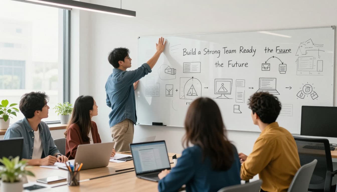 A diverse team of five professionals—three men and two women, including marketers and engineers—collaborates in a vibrant open workspace on an AI project, using a whiteboard with simple icons and celebrating with high-fives under natural light.