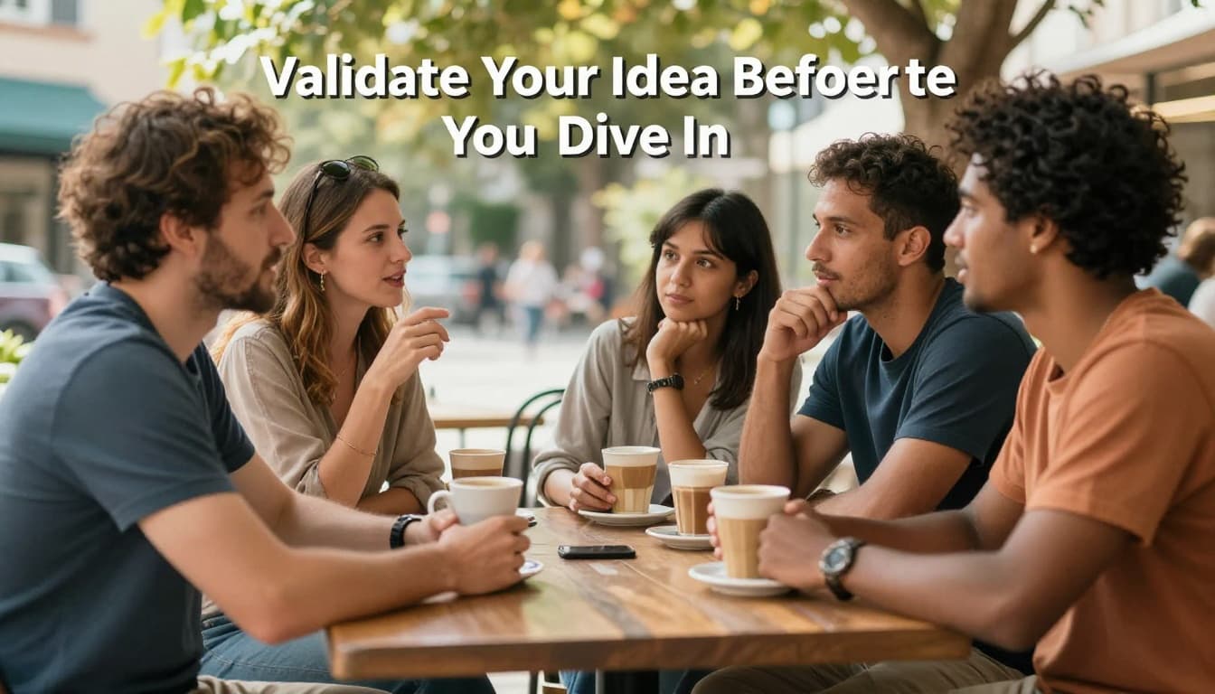 Casual group of four diverse adults chats animatedly at a sunny outdoor cafe table, sharing ideas over coffee cups in natural daylight with warm tones.
