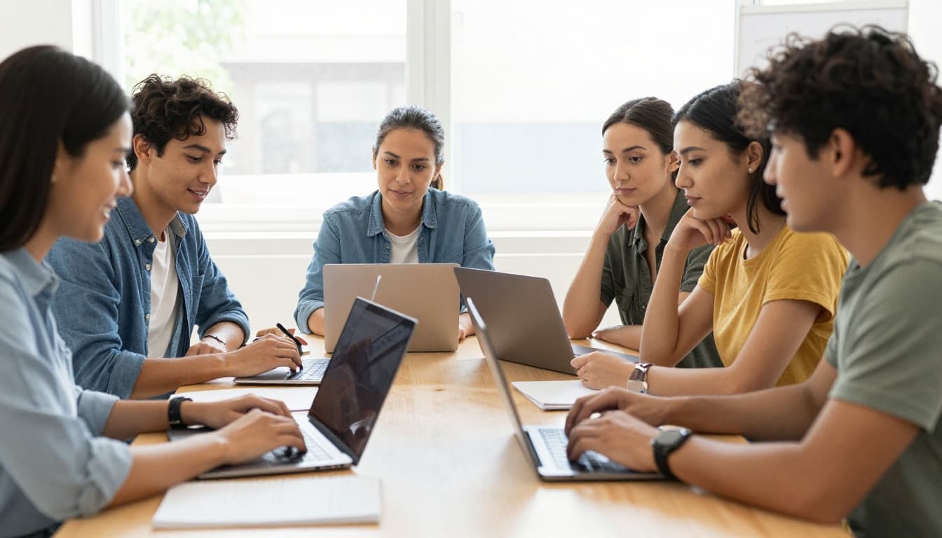 Diverse group of three people collaborating around a table with laptops and notes in a bright community center, sharing ideas on a shared screen under natural daylight.