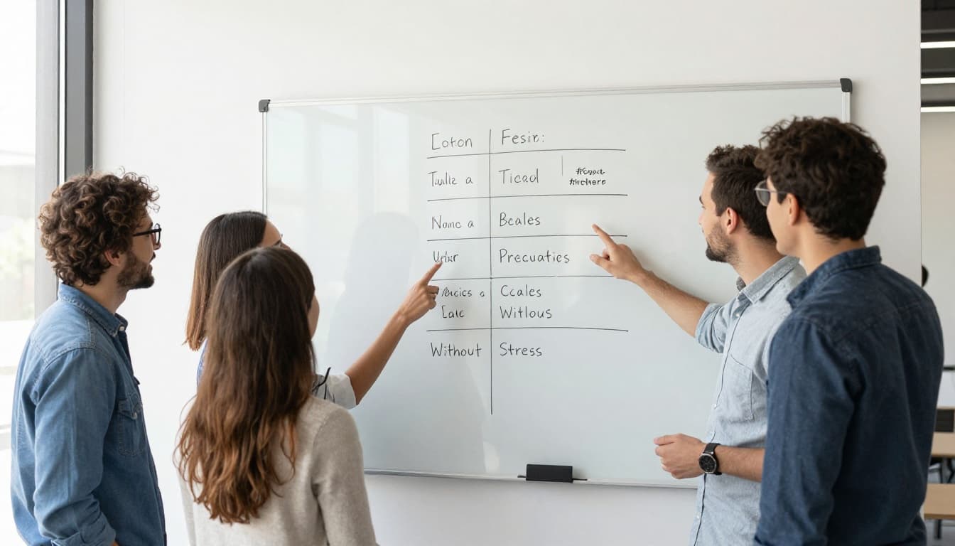A diverse team of four people in a modern office collaborates around a whiteboard with simple task lists, smiling and pointing in bright natural light from a side angle.