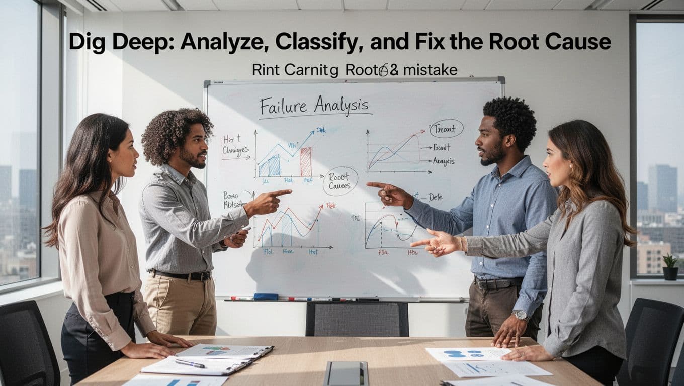 A small diverse team of four people in a modern conference room huddles around a whiteboard with simple charts and notes on failure analysis, actively pointing and discussing under bright daylight lighting in realistic photo style.