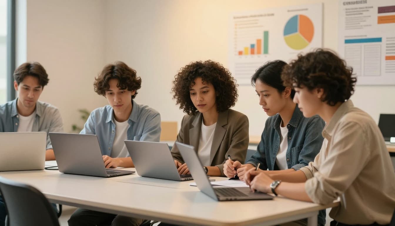 Modern office with a small team of three diverse professionals collaborating around a table using laptops and tablets for operations planning. Efficient workspace features charts on the wall, warm lighting, and photorealistic style with exactly three people.