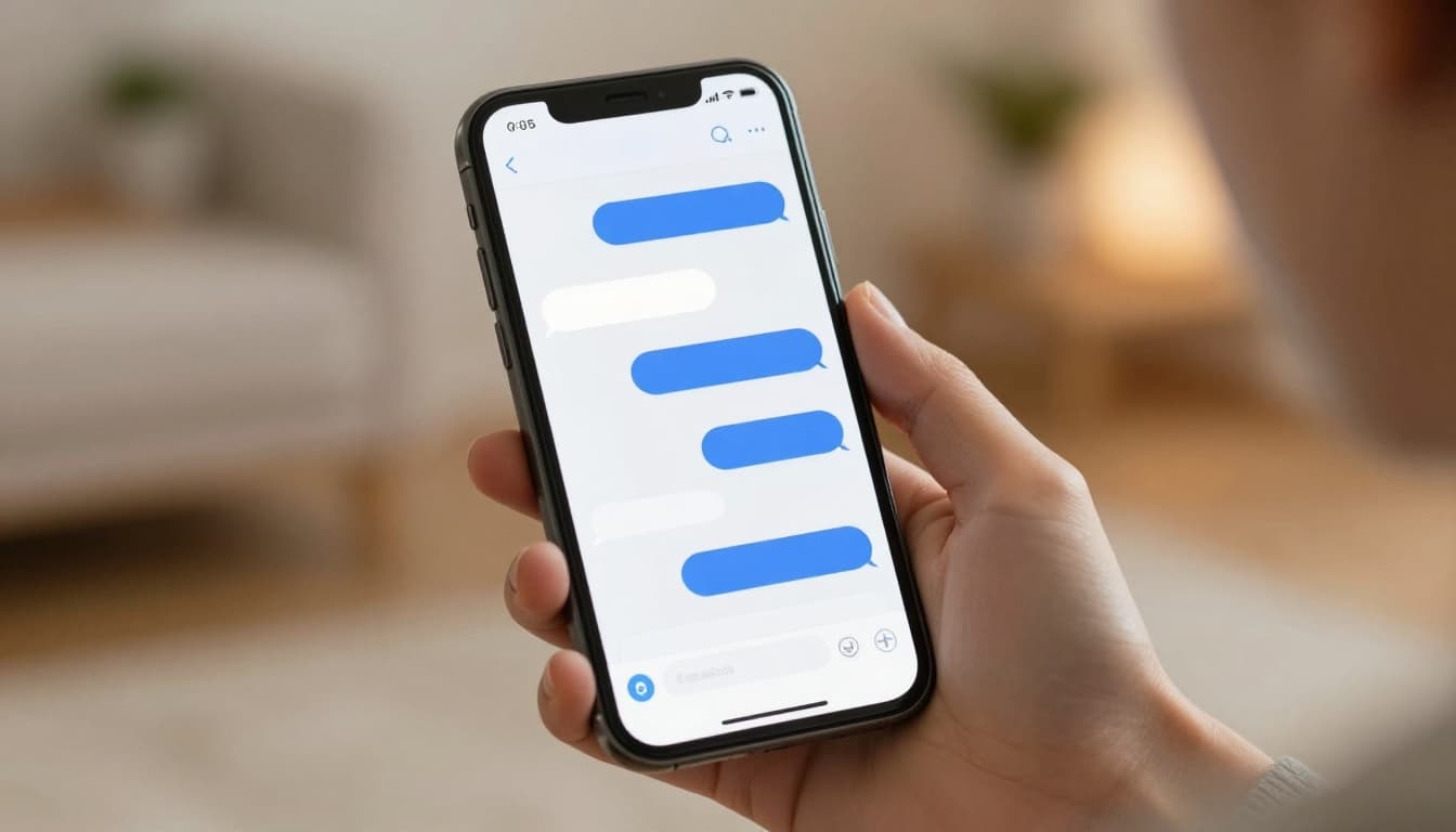 Friendly chatbot interface on a smartphone held by one person in a cozy home setting, screen shows empathetic conversation bubbles without readable text, warm lighting, simple composition, photorealistic, focus on device and relaxed hold.