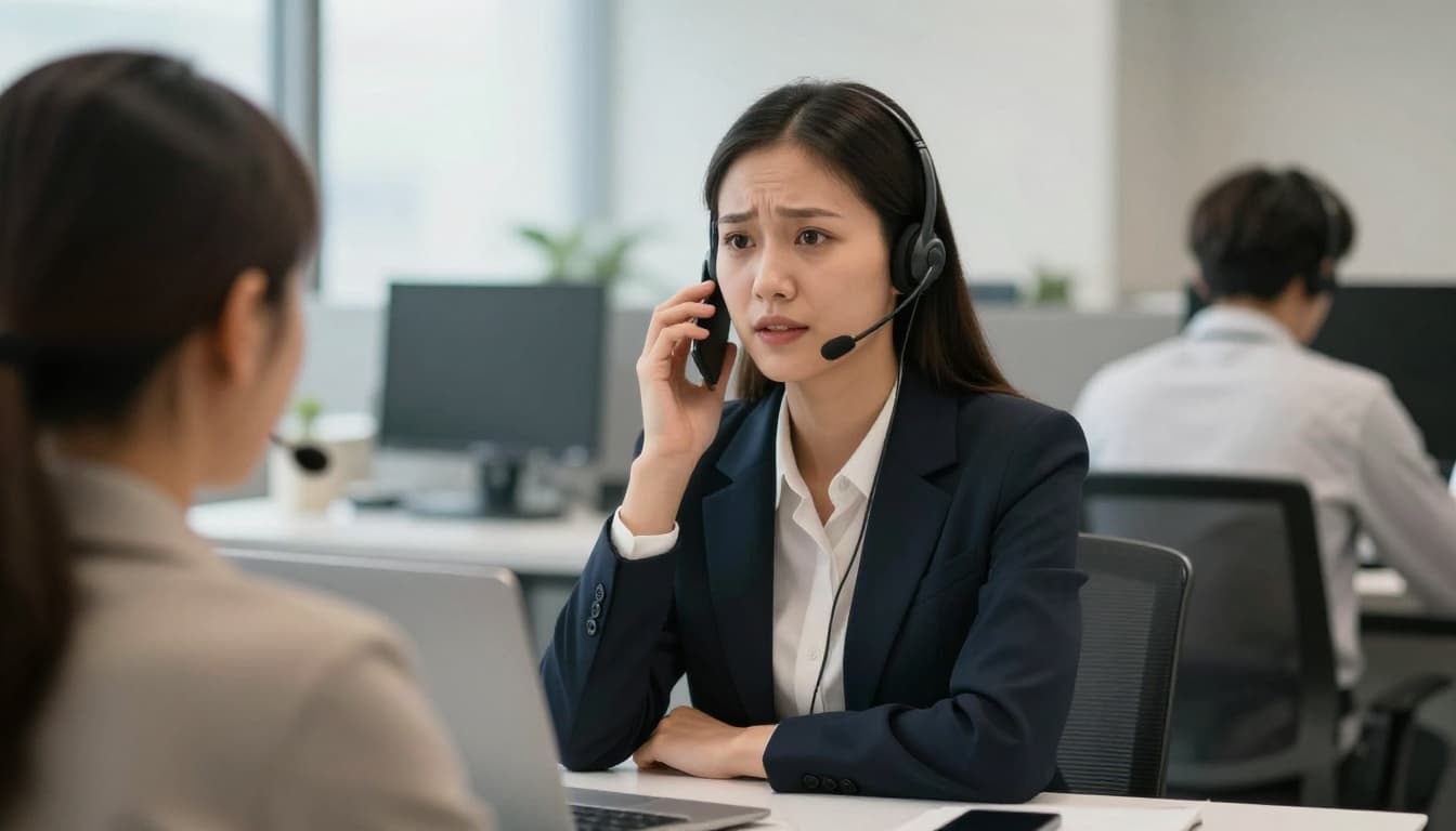 A young adult customer service rep at a desk in a modern call center office, wearing a headset and leaning forward with a compassionate expression while empathizing with an upset customer on the phone. Warm soft lighting from a window illuminates the scene with a blurred office background.