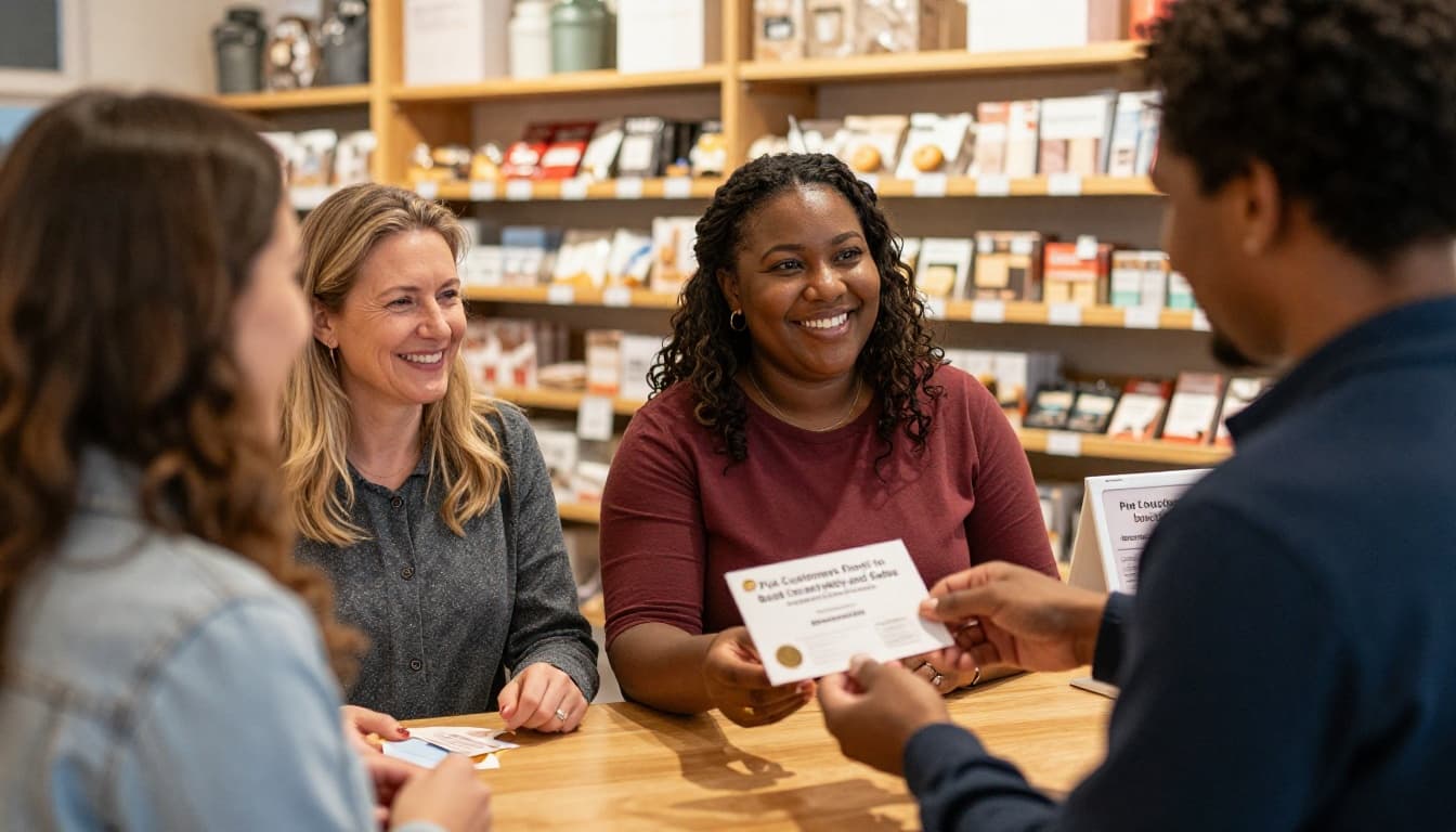In a cozy retail store with warm lighting and product shelves, an employee hands a personalized loyalty card to three diverse happy customers including a family at the counter, featuring smiling interactions.