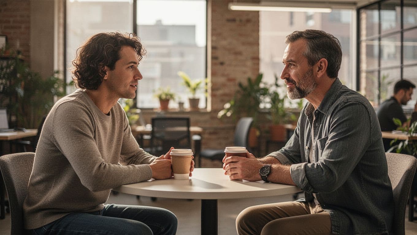 One entrepreneur sits across from an experienced founder at a small table with coffee cups in a casual office setting, engaged in a sincere conversation under warm natural lighting.
