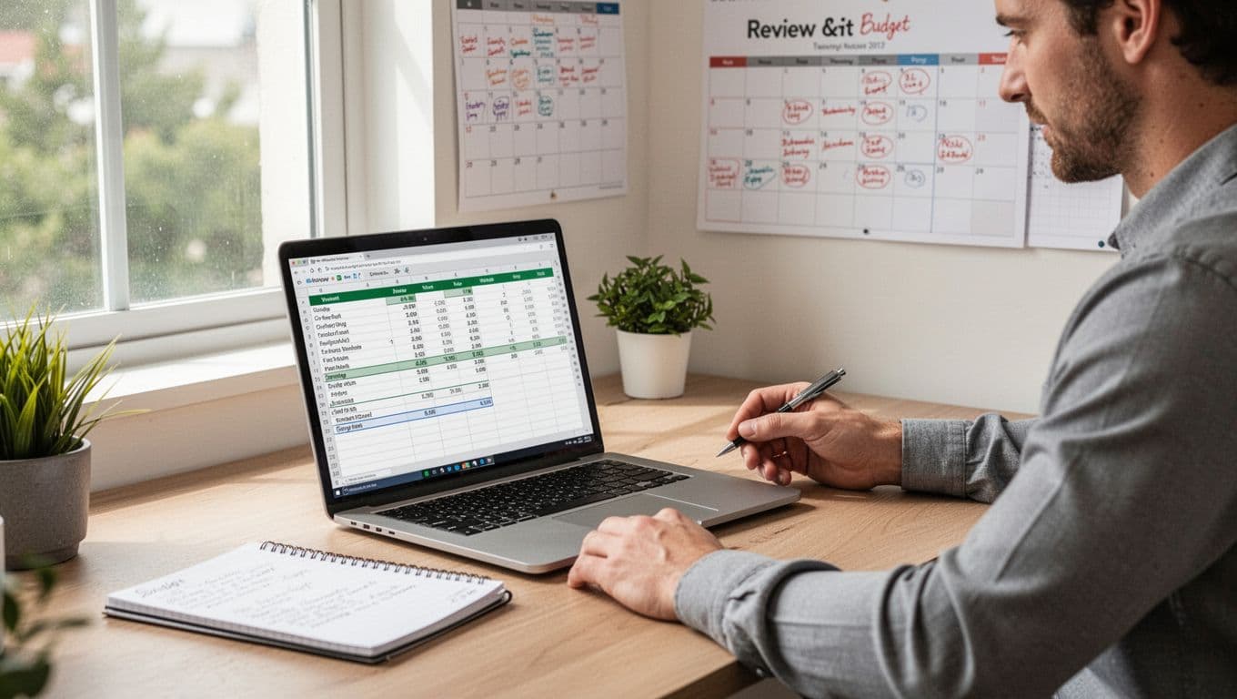 A focused entrepreneur in a bright home office reviews a simple budget spreadsheet on a laptop screen at an angle, with notebook notes nearby and natural daylight.