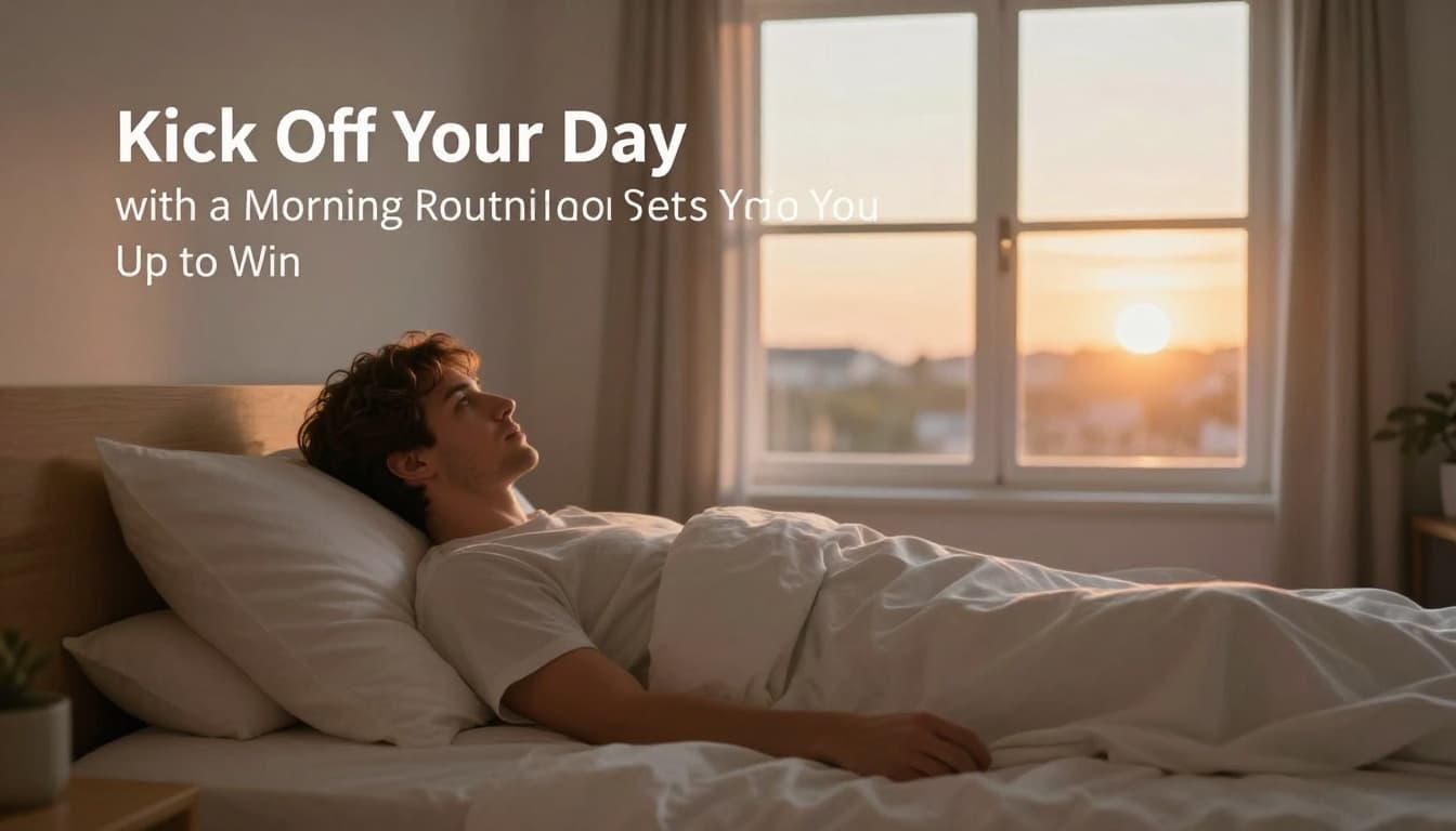 One entrepreneur rises from bed with high energy in a cozy modern bedroom at dawn, sunrise glowing through the window, soft warm lighting creating a motivational atmosphere.