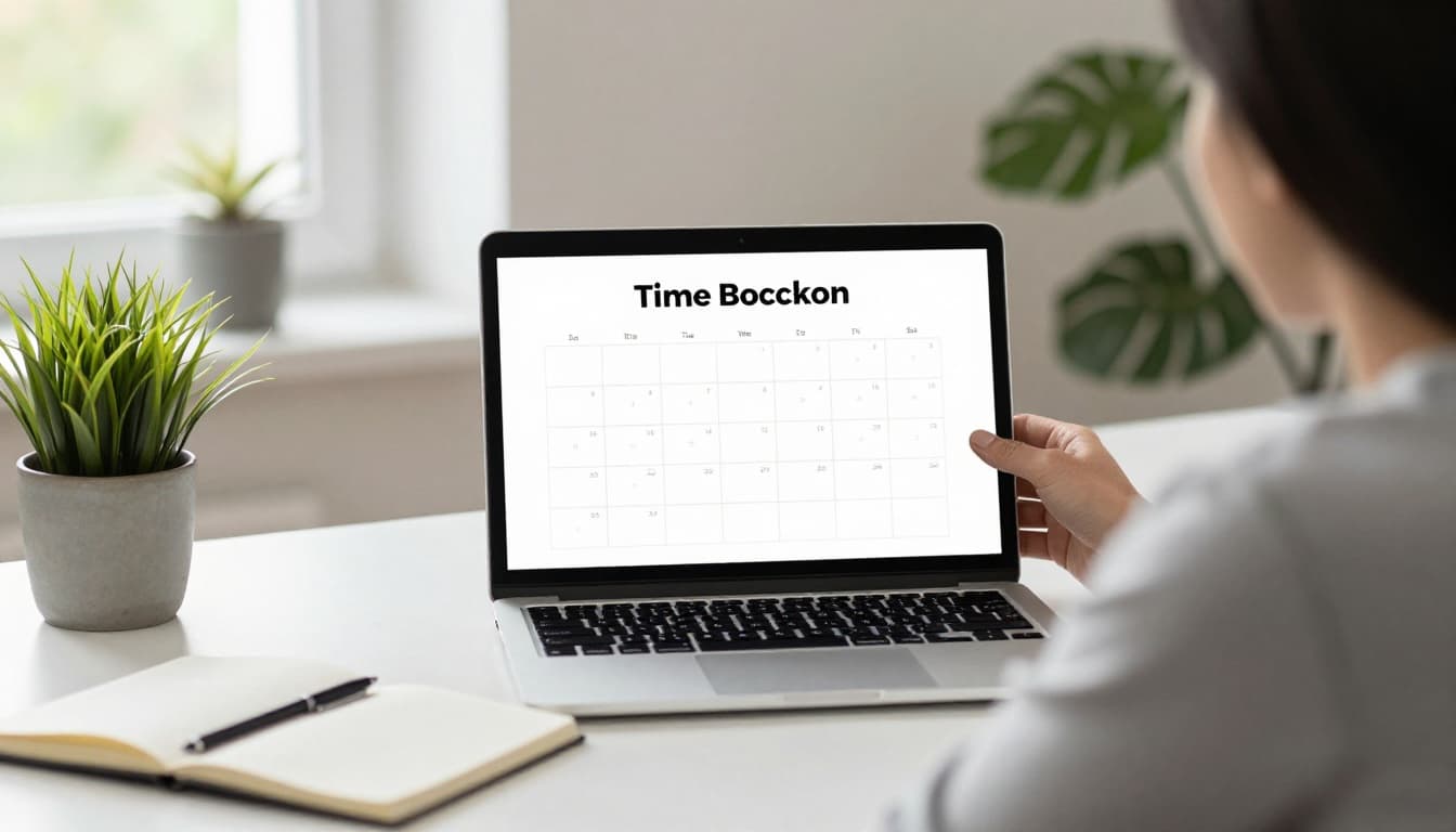 A solo entrepreneur in a bright home office relaxes while blocking time on a calendar displayed at an angle on their laptop screen, surrounded by plants and a notebook.
