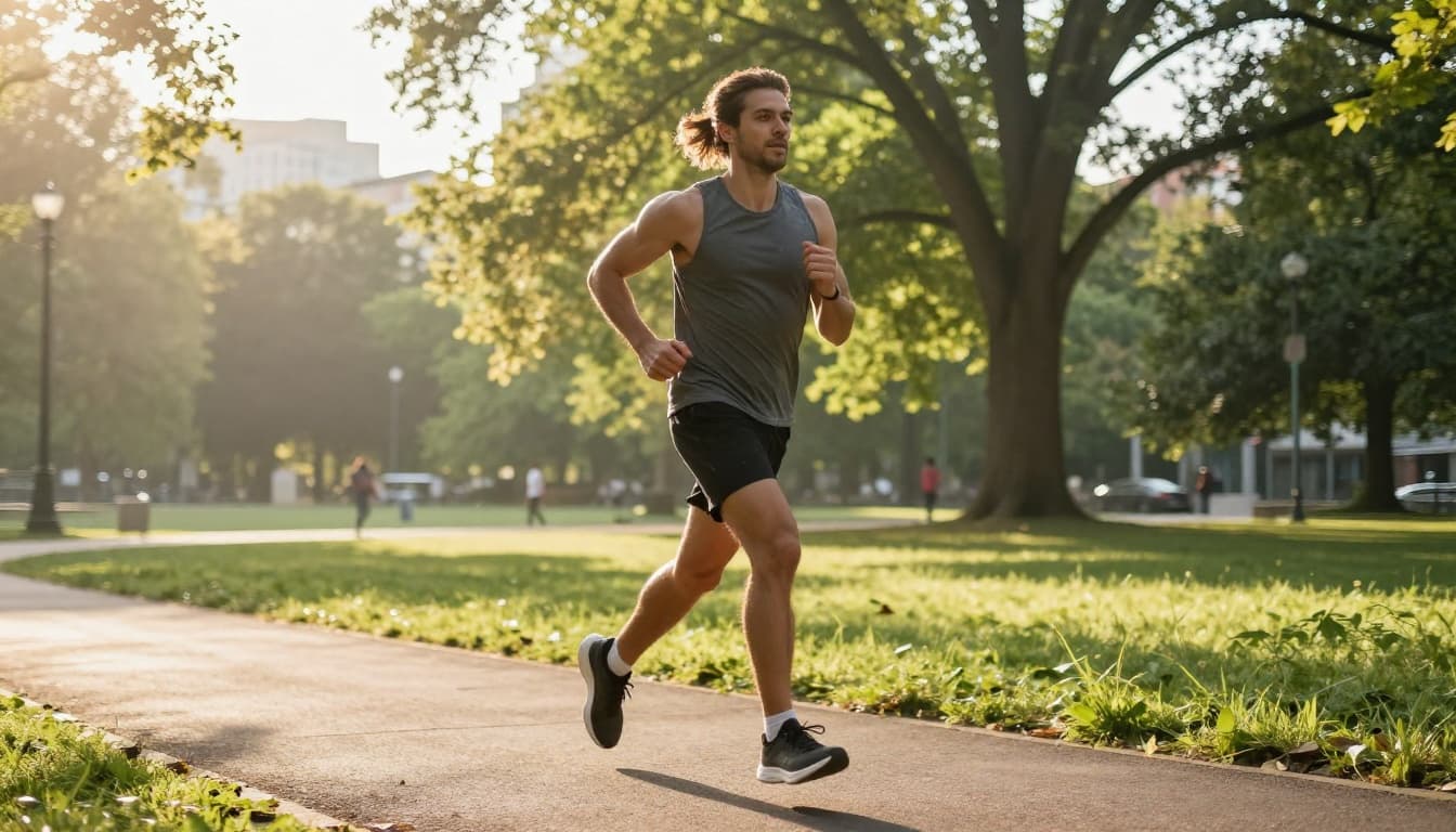 A fit entrepreneur jogs outdoors in a city park at sunrise, dressed in athletic wear with a determined face, surrounded by trees and path, featuring dynamic motion blur on legs and vibrant morning light.