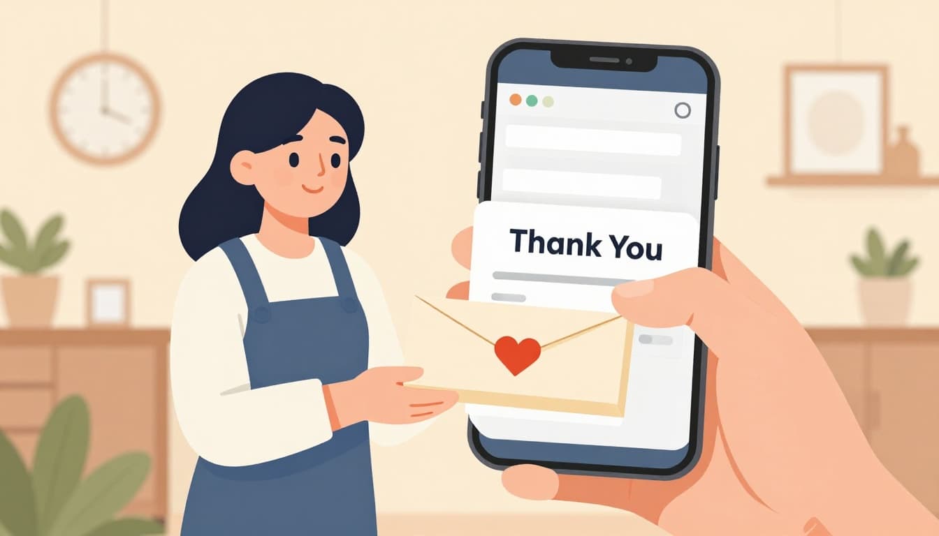 Smiling customer in a cozy living room holds phone, delighted by a thank you email notification, warm inviting light, illustrative style.