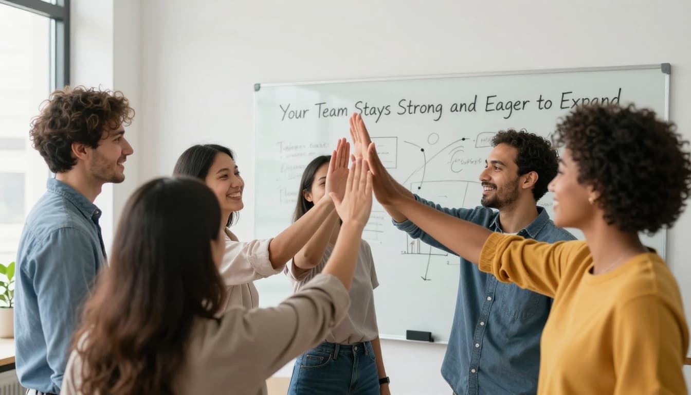 A happy diverse team of exactly five motivated employees high-fives in an open office after a meeting, gathered around a whiteboard with growth ideas under natural indoor light.