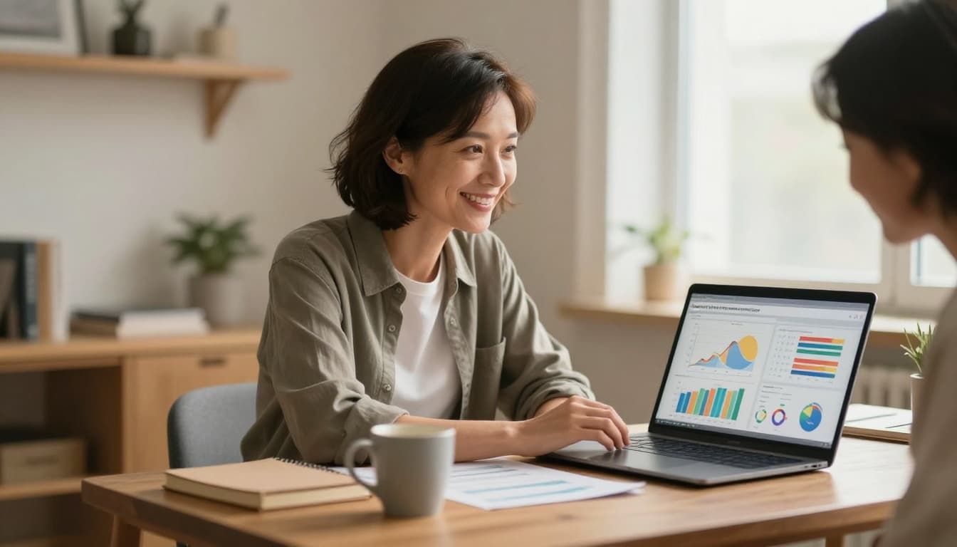 A middle-aged woman with short hair in casual business attire smiles confidently while reviewing colorful financial charts on her laptop in a cozy home office, with soft natural light and a coffee mug nearby.