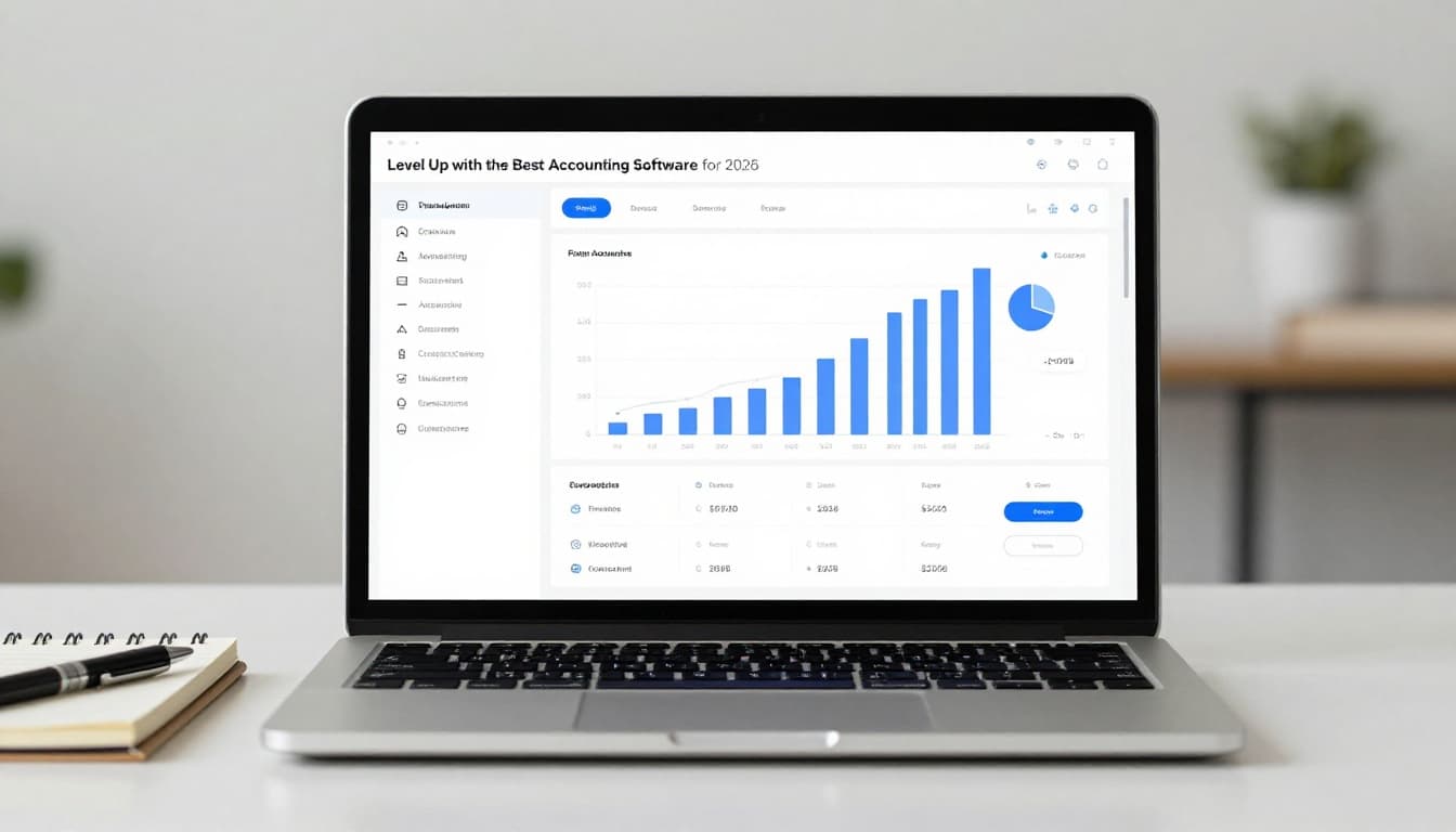 Clean modern accounting software dashboard on a laptop screen at an angle on a desk with notepad and pen. Abstract charts including pie graphs for expenses, income bars, and simple category icons in a realistic style with neutral office background.