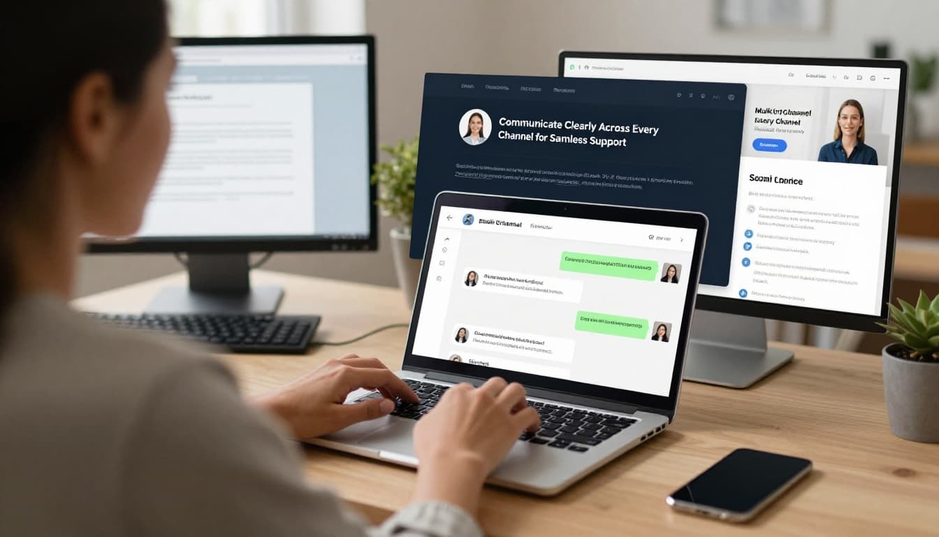 Person typing on laptop with phone and chat notifications nearby in a multi-device desk setup representing email, chat, and social channels. Cozy home office in bright daylight with clean modern style, focus on devices, one person partially visible from behind.