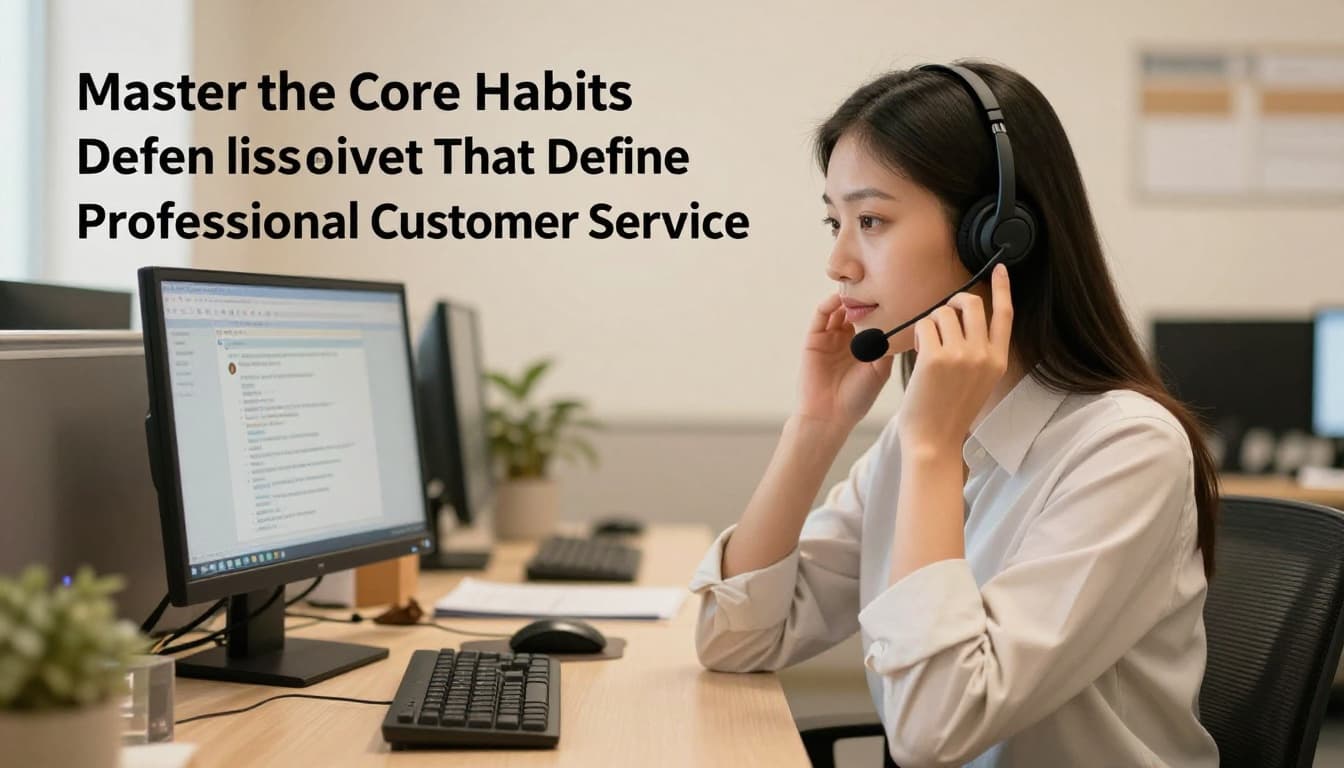 Customer service representative at a desk in a warm-lit office, calmly listening to a customer on a headset with a computer screen showing a chat interface. Exactly one person visible in professional style, no text or logos.