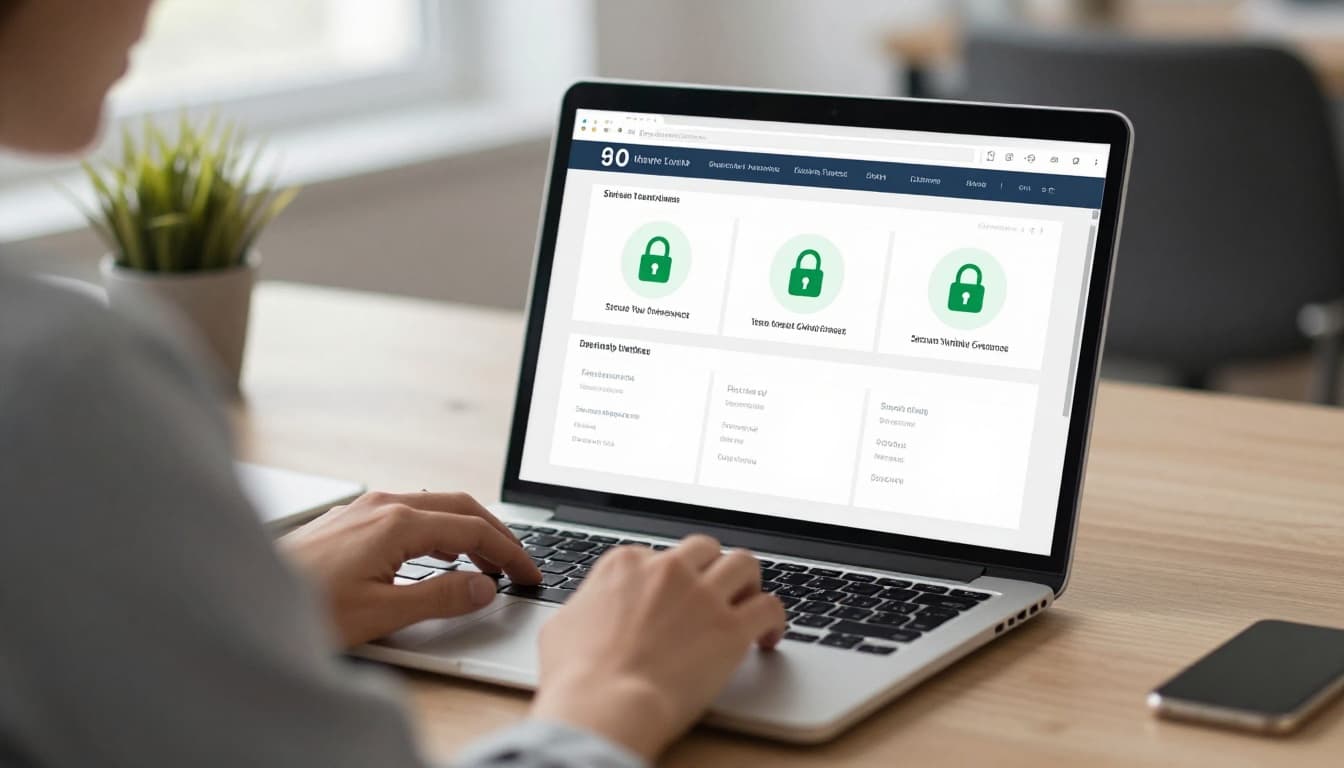 A professional sits at a desk in a modern office, viewing a secure website dashboard on a laptop screen displaying uptime stats and green lock icons, with soft natural lighting and focus on the screen.
