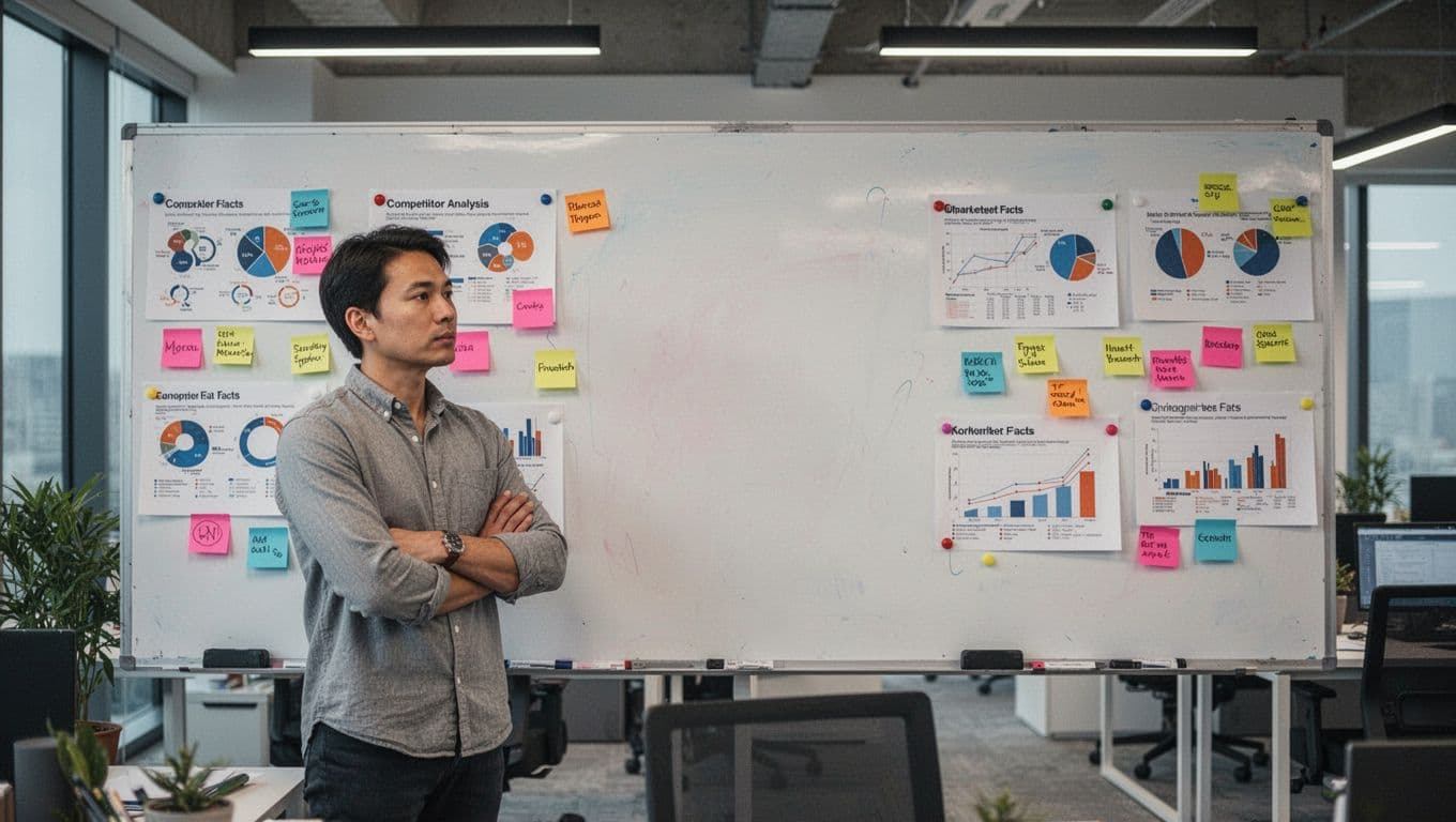 A small business owner stands with arms crossed thoughtfully in front of a large whiteboard covered in competitor analysis charts, data points, sticky notes, and market graphs in a modern office with soft overhead lighting.