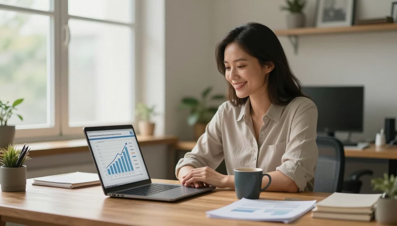 Mid-30s woman small business owner sits happily at wooden desk in cozy office, viewing upward trending sales graph on laptop screen with coffee mug nearby and natural daylight.