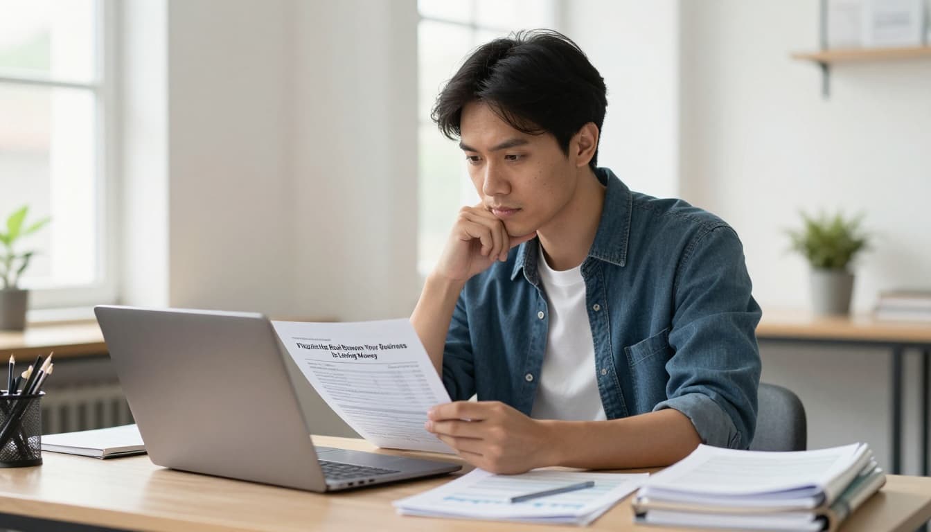 Small business owner in a modest office, sitting at desk examining financial spreadsheets on laptop and paper notes, thoughtful expression with hand on chin, natural daylight from window, realistic photo style, landscape composition, exactly one person.