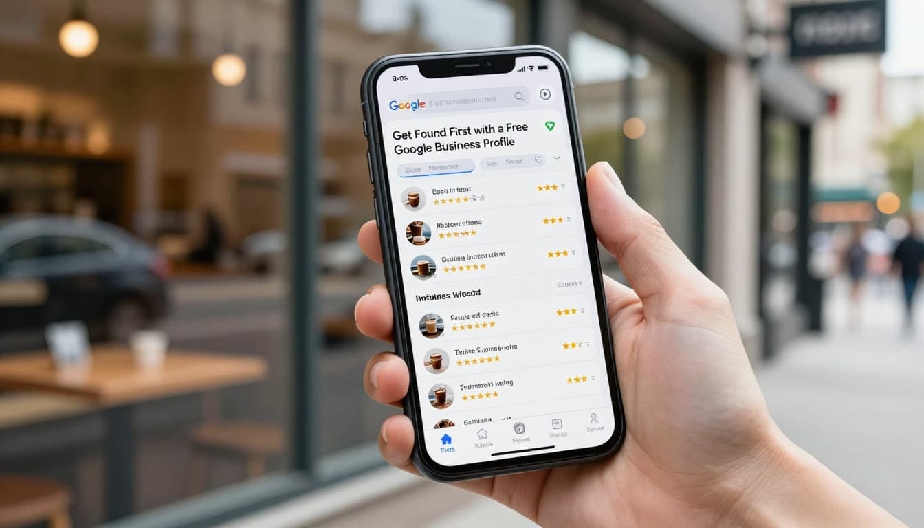A hand holds a modern smartphone showing Google Maps with local search results for a coffee shop, including pins, photos, star ratings, and reviews, against an urban street background in bright daylight.