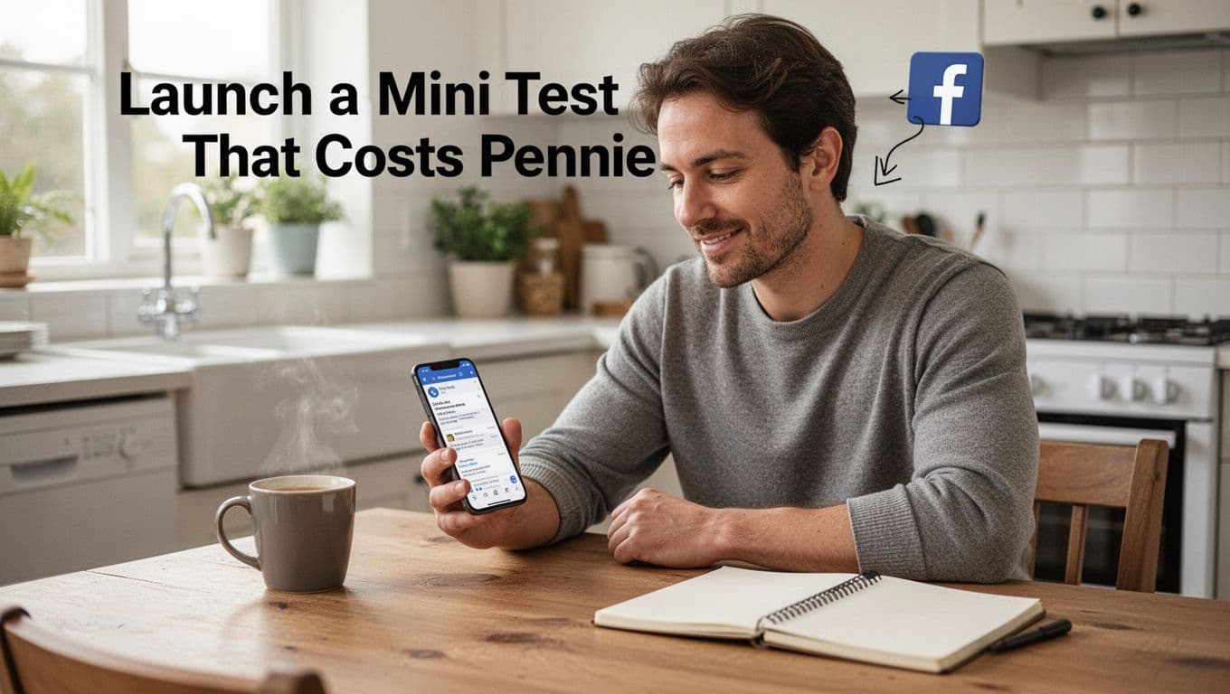 A solo entrepreneur sits at a kitchen table with a smartphone in hand, creating a simple marketplace listing or Facebook ad post, relaxed focused expression, coffee mug and notebook nearby, bright natural indoor daylight, realistic photography.