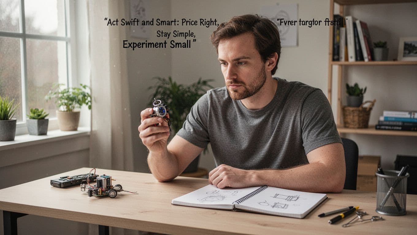 A solo entrepreneur at a simple desk in a home office conducts a small product experiment, holding a prototype gadget with a relaxed hand, notebook with sketches nearby, focused expression, soft window light.