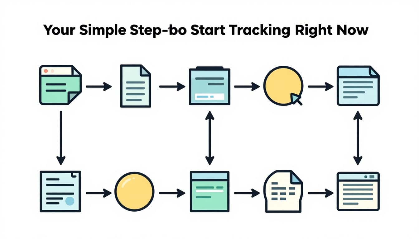 Step-by-step flowchart illustration for tracking finances, featuring six simple flat design icons connected by arrows: bank account, receipt scan, categorization, and report generation. Pastel colors on white background, vector style with no text labels or extra elements.