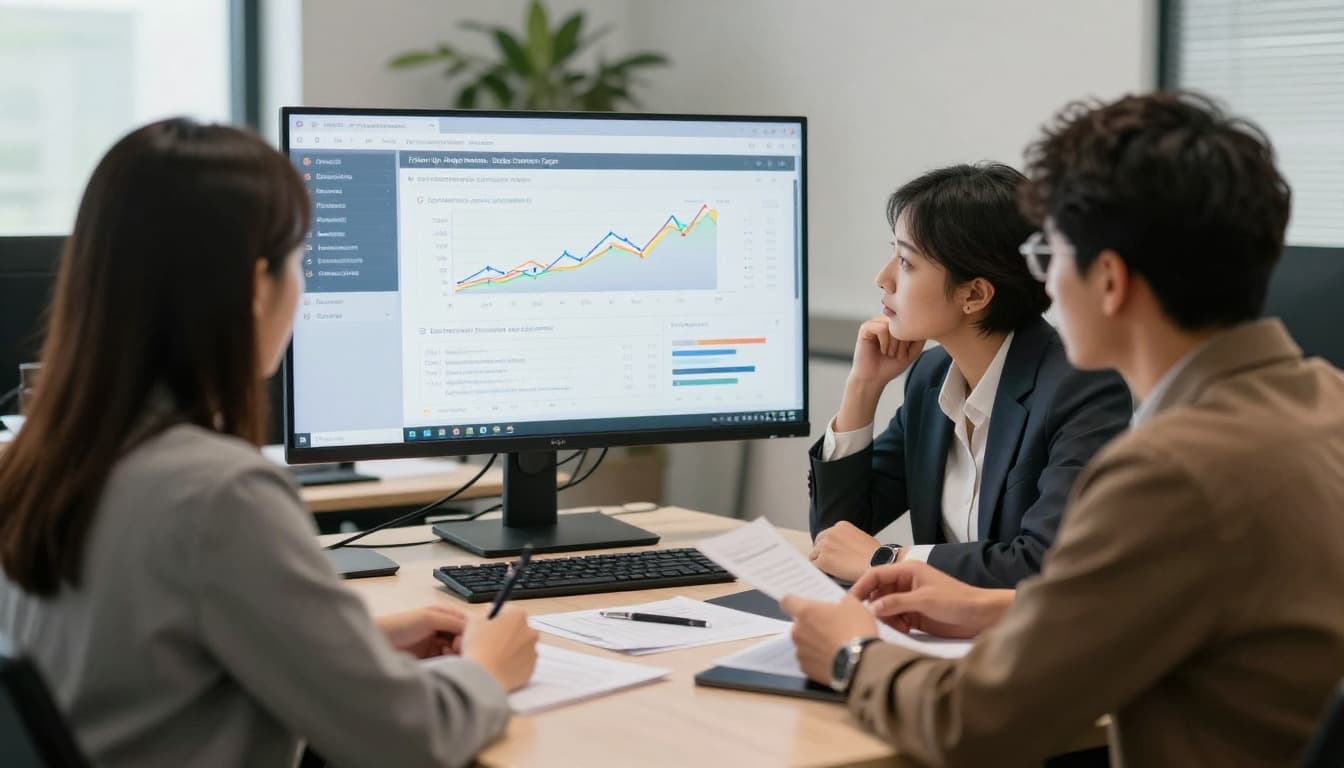 A diverse team of three people in a modern meeting room collaboratively analyzes customer complaint data on a dashboard, with charts showing trends, focused discussion under soft lighting, realistic style.