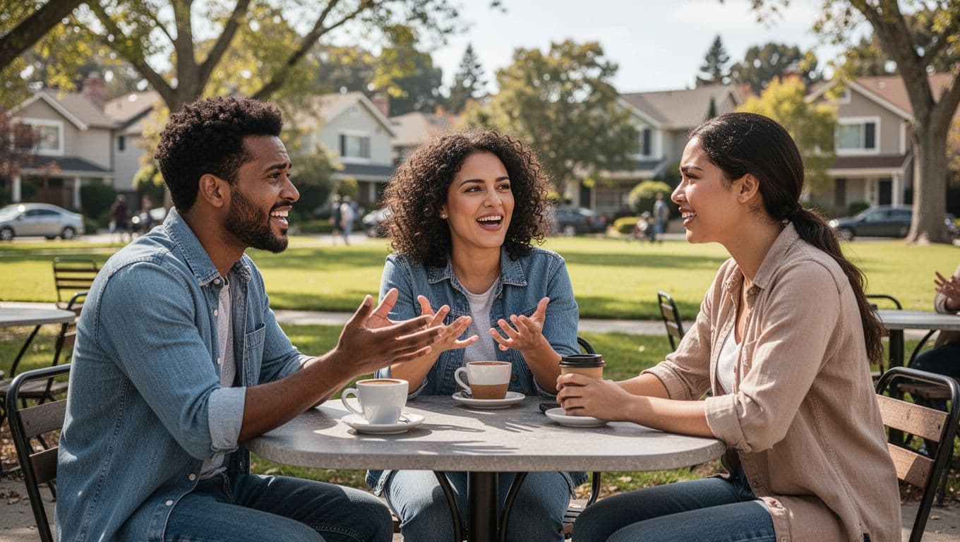 Three diverse friends sit at a casual outdoor cafe table in a sunny suburban park, chatting animatedly with relaxed expressions, one gesturing while holding a coffee cup.