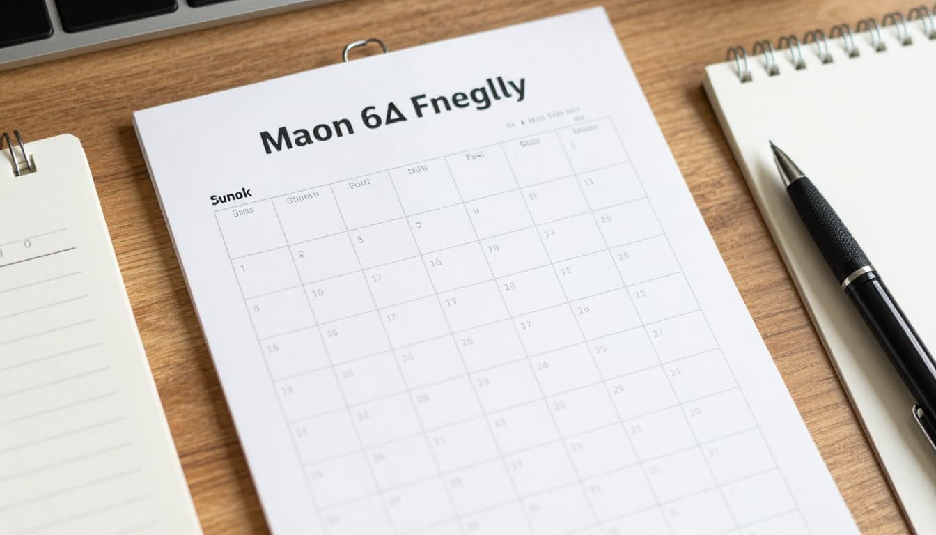 Close-up photorealistic view of a weekly planner calendar on a wooden desk, marked with goals and tasks, pen and notebook beside it, in soft morning light, no readable text or people.