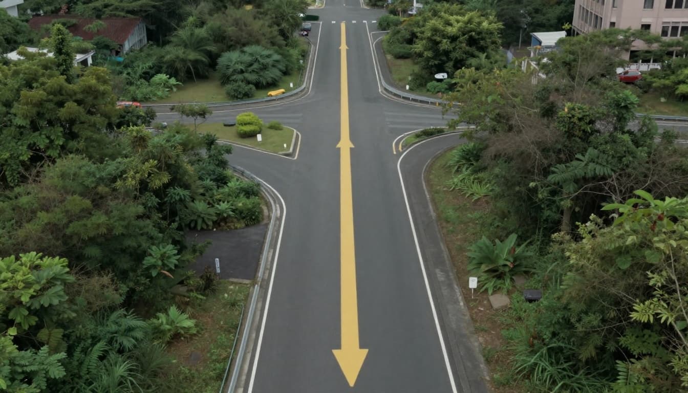 A realistic landscape of a winding road snaking through a business district, with numerous paths leading to dead ends and pitfalls, and one clear straight path ahead symbolizing learning from mistakes.