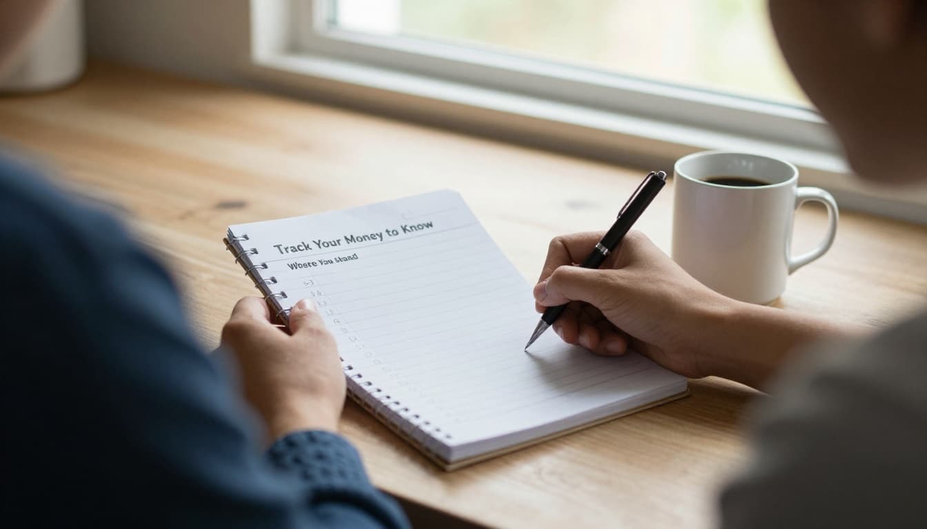A young adult sits at a kitchen table with a notebook open to a simple list of income and expenses, pen in hand, coffee mug nearby, in natural daylight with warm lighting.