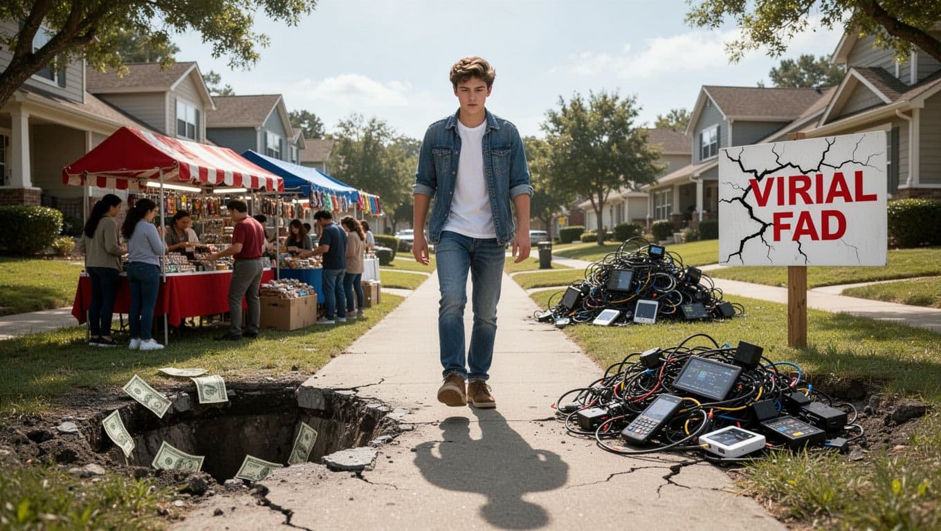 A determined young entrepreneur in casual clothes walks a clear simple path forward through a sunny suburban neighborhood, carefully stepping over symbolic pitfalls including a deep money pit, crowded marketplace stalls, tangled tech gadgets, and a cracked viral fad sign, in realistic photography style.